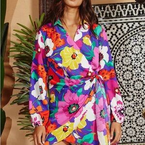 BUCKETLIST Vibrant Floral Wrap Dress - Purple, Pink, Yellow
